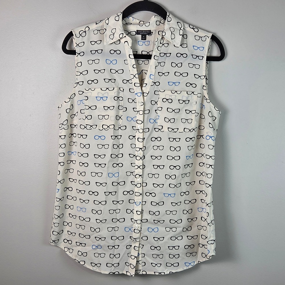 Talbots Sleeveless Top Women M Ivory Excellent Eyeglass Print Button Down Geek